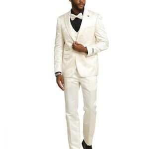 Ivory Floral Pattern Satin Peak Lapel Stacy Adams Men's Suit